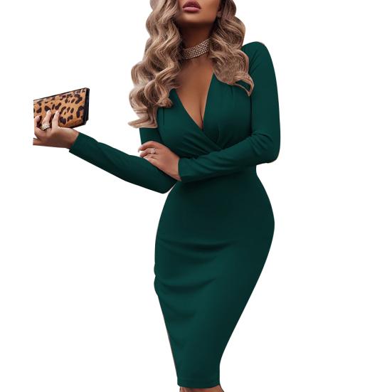 Модное женское однотонное облегающее банкетное платье миди с длинными рукавами и V-образным вырезом