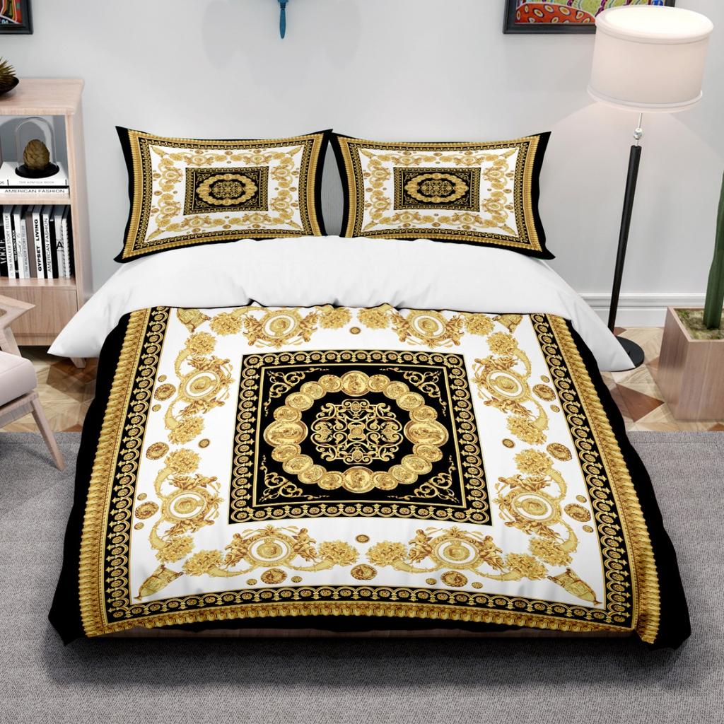 Baroque Bedding Set European Style Black Gold Luxurious Duvet Cover Pillowcases 100% Polyester Full Size Home Decor Bedding Set