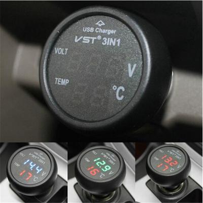 VST 3-в-1 Автомобильный вольтметр, термометр и USB-зарядное устройство