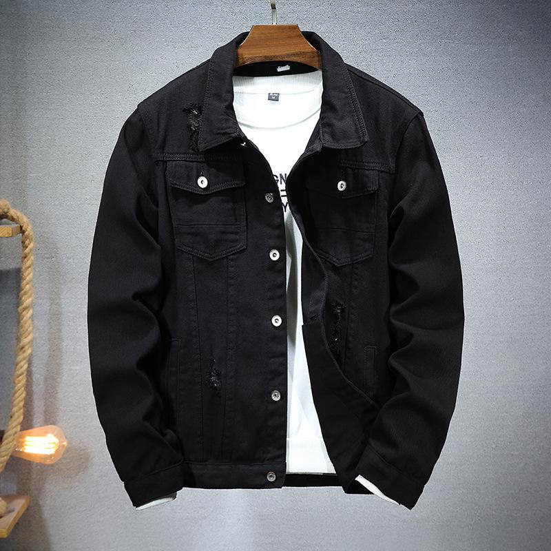 Men's Trendy Black Denim Jacket: Casual, Versatile, Ripped Style for Autumn and Winter