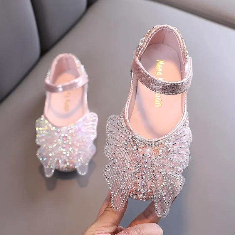 Girls Leather Shoes Children's Lace Butterfly Rhinestone Pearls Beading Performance Single Shoes Fashion Weeding Kids Shoes