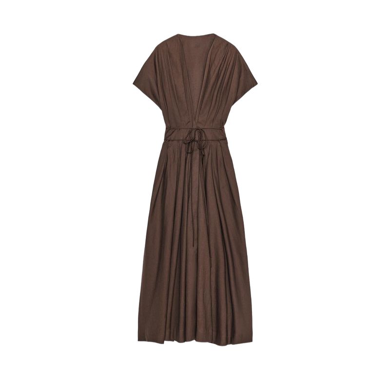 Summer New Product Women's Clothes Cotton Blend V Neck Short Sleeve Pleated Trim Midi Skirt Dress 2965260 2965278