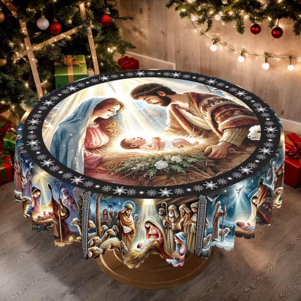 Christmas-Themed Tablecloth Vintage Country Farmhouse Style Nativity Scene for New Year's Gatherings Xmas Kitchen Accessories