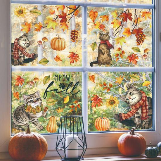 Sticker Cartoon Cat Pumpkin Maple Leaves Sunflower Double-sided Autumn Thanksgiving Holiday Decoration Removable Electrostatic