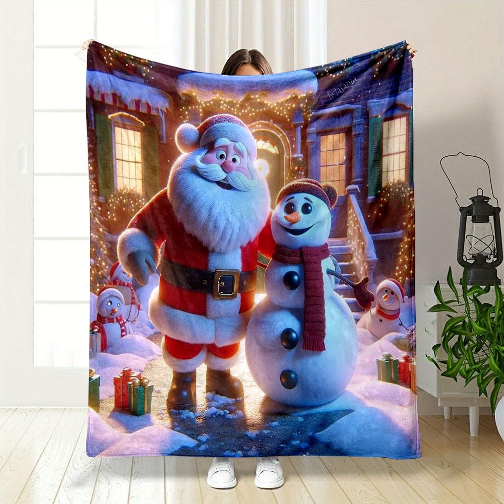 Santa and Snowman Holiday Cheer print blanket soft and cozy perfect for the living room bed sofa or a nap,gift