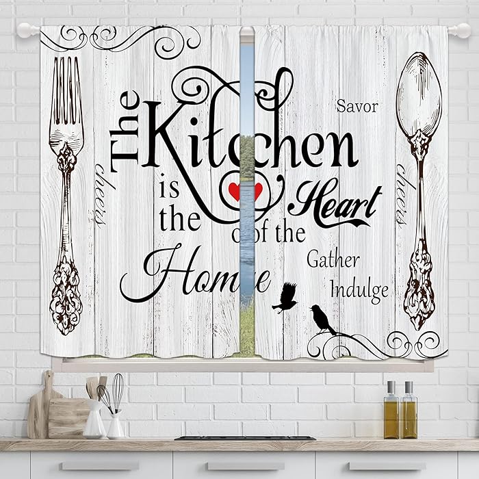 Retro Creative Print Curtain Kitchen Dining Room Living Decoration Curtains Set Of 2 Made Polyester With Rod Pocket Decor