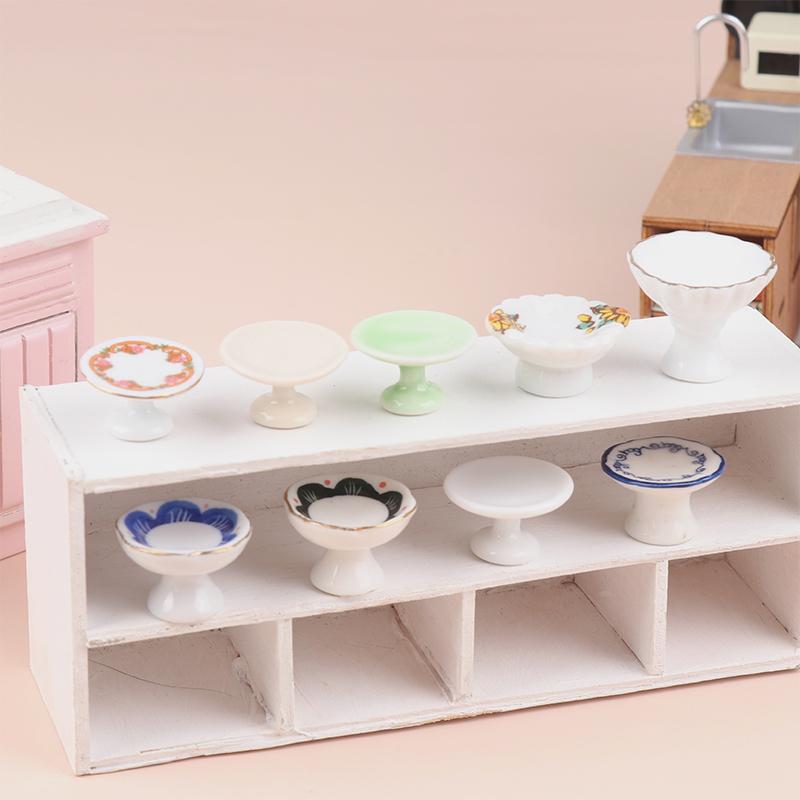 1:12 миниатюрных керамических фруктовниц для кукольного домика, высокий поднос, тарелка для торта, столовая посуда, модель кухни, декор, игрушка, аксессуары для кукольного домика