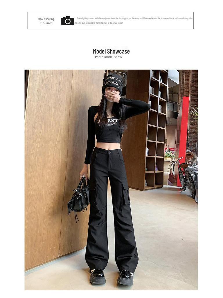 Spring 2025 Women's Black High-Waist Slim Fit Flared Workwear Pants