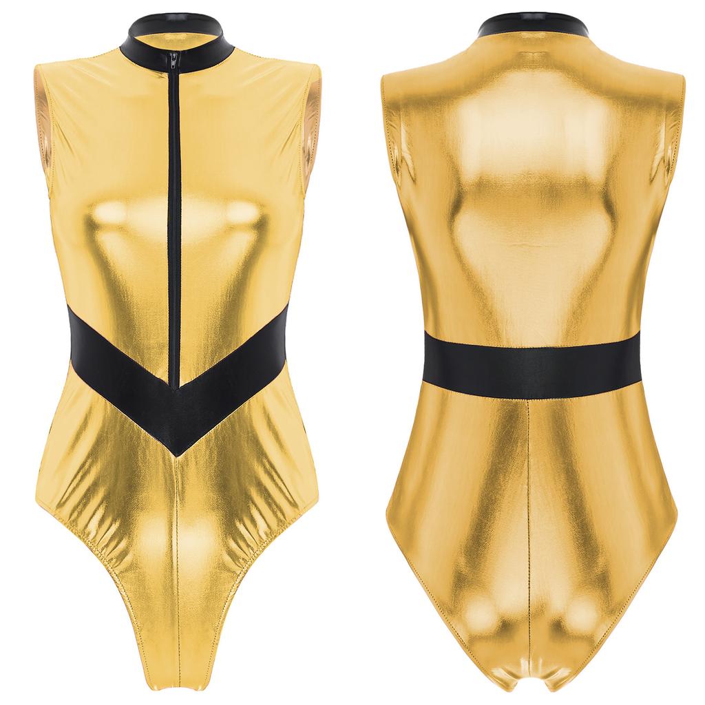 Women Halloween Astronaut Cosplay Costumes Shiny Metallic Zipper Sleeveless Bodysuit Catsuits