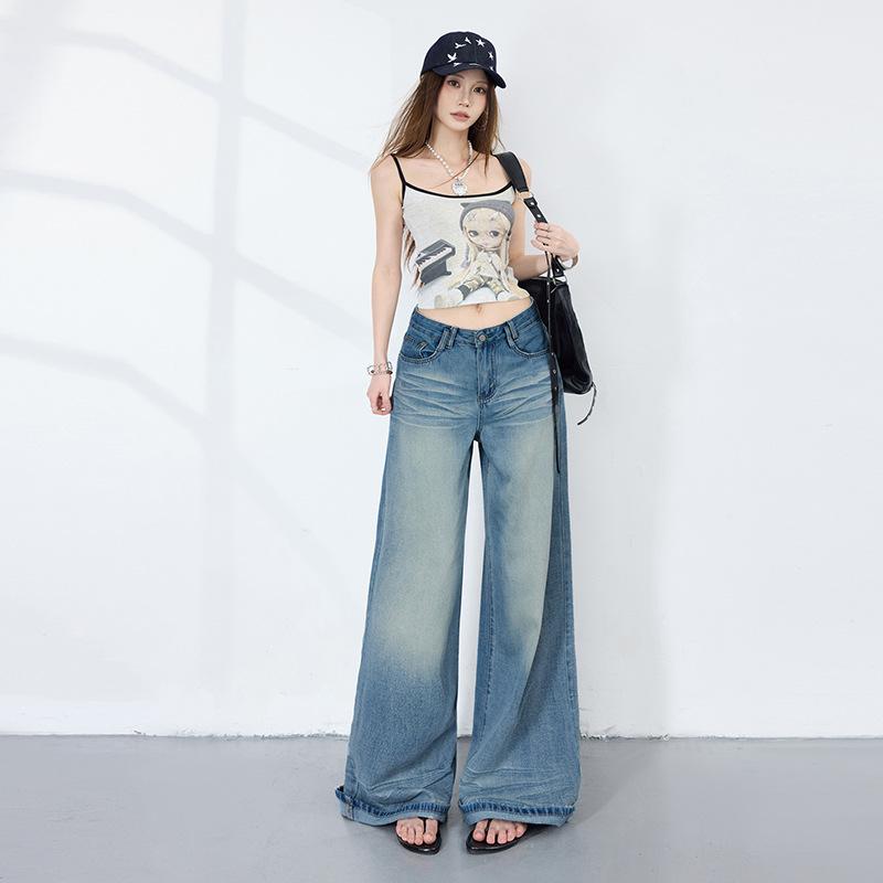 American retro curled jeans women's autumn new pear-shaped body loose and thin wide-leg floor-mopping pants
