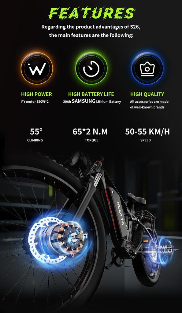 DUOTTS S26 Electric Bike 750W Motor, 48V 20Ah Samsung Battery, 120KM Range, IP55 Waterproof, 55° Climbing