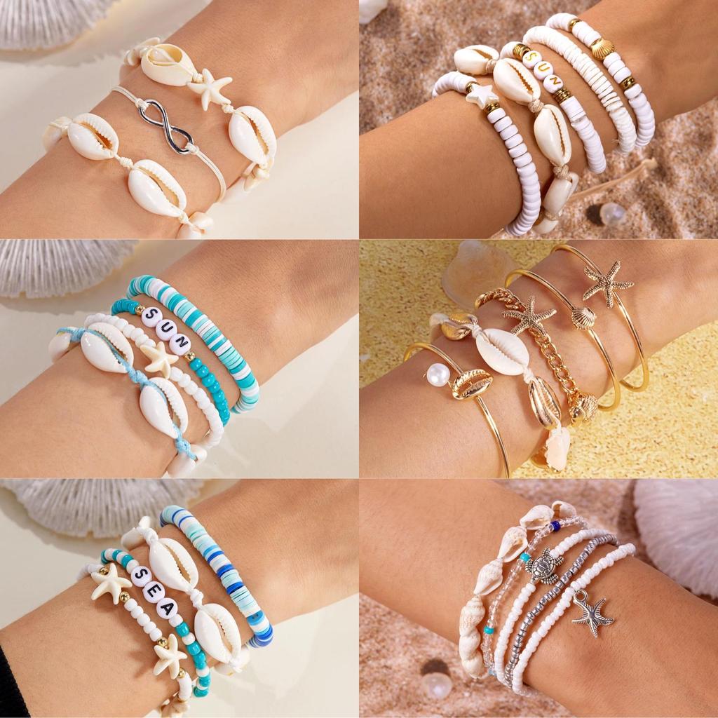 Bohemian Starfish Shell Bracelet Set: Soft Ceramic and Rice Bead Design for Women