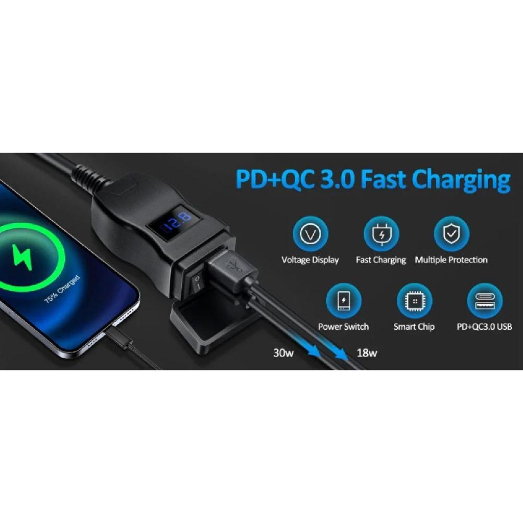 PD QC3.0 Motorcycle USB Fast Cellular Charger 12V Power Supply Adapter Type C Port Socket Connector with Switch Voltmeter Helmet Communication 7
