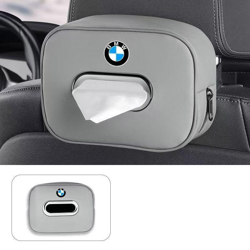 BMW Car Headrest Tissue Box, Premium PU Leather Hanging Napkin Holder, Universal Auto Seat Back Tissue Case,Car Interior Accessories