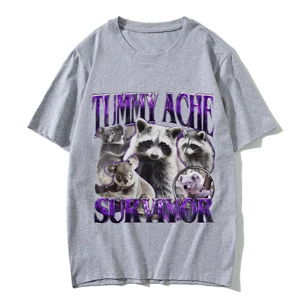 Tummy Ache Survivor Vintage Raccoon Funny Meme Tshirts Women Casual Oversized Streetwear Women Vintage Short Sleeve graphic Y2K