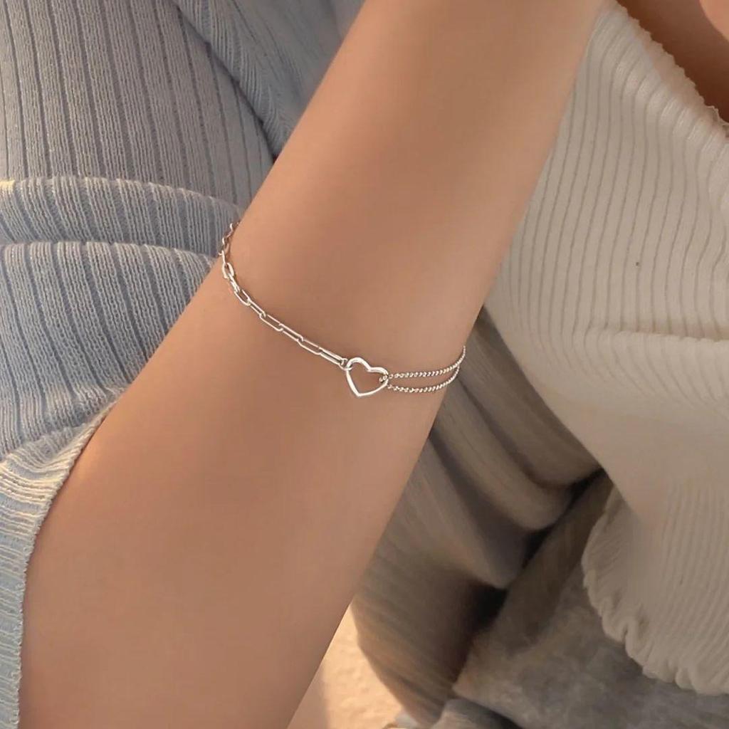 Браслет в форме полого серебряного сердца в корейском стиле: Двойной слой, просто и модно