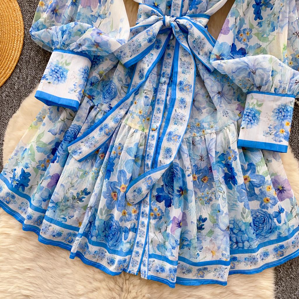 Spring Summer Women Lantern Sleeve Print Chiffon Mini Short Chic Boho Holiday Beach Lace-up Dresses