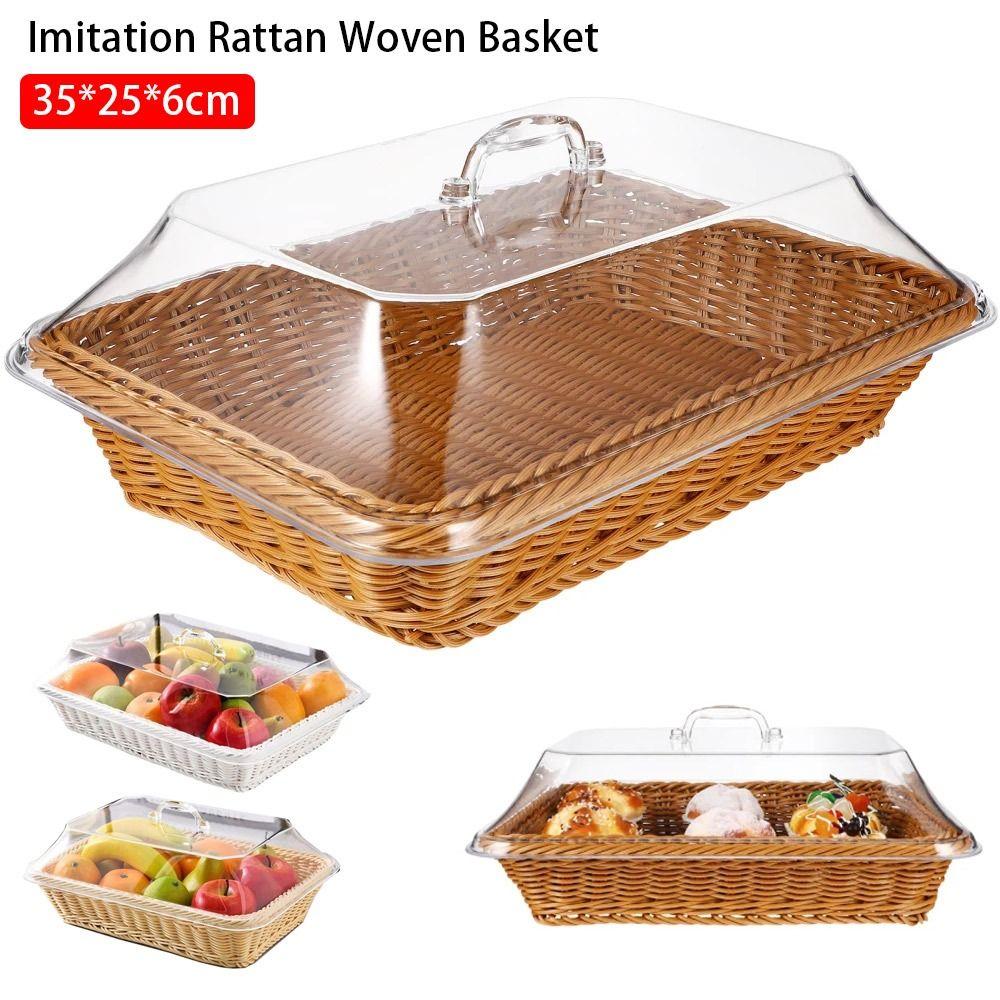1Pcs Imitation Rattan Woven Basket Lid Transparent Vegetable Bread Serving Food Serving Basket Tabletop with Acrylic Lid