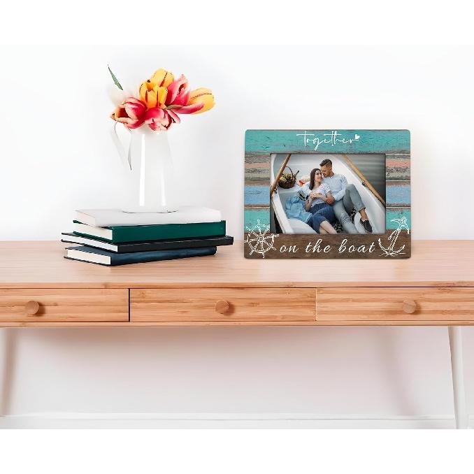 Together on the Boat 4x6 Picture Frame, Boat Lovers Captain Owner Gifts Wooden Picture Frame, Boating Gifts for Women Men, Nautical Anchor Rudder