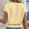 Women Tops V-Neck Short Sleeve Jacquard Decoration Pullover Tops Solid Color Loose Fit Elastic