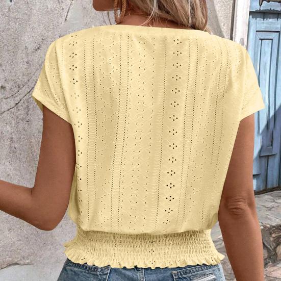 Women Tops V-Neck Short Sleeve Jacquard Decoration Pullover Tops Solid Color Loose Fit Elastic