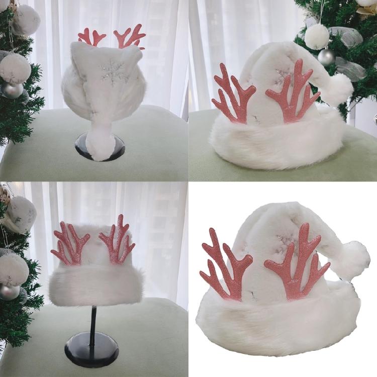 Plush Santa Costume Hat Deer Horn Christmas Party Hat Christmas Theme Plush Winter Hat for Women Kid Daily Wear