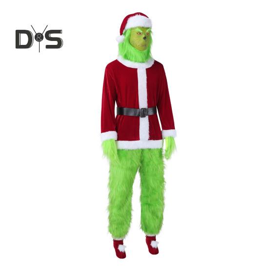1 Set Christmas Costume Includes Top Pants Hat Belt Gloves And Shoe Cover Green Cartoon Furry Animal Cosplay Santa Performance Drama Stage Opera
