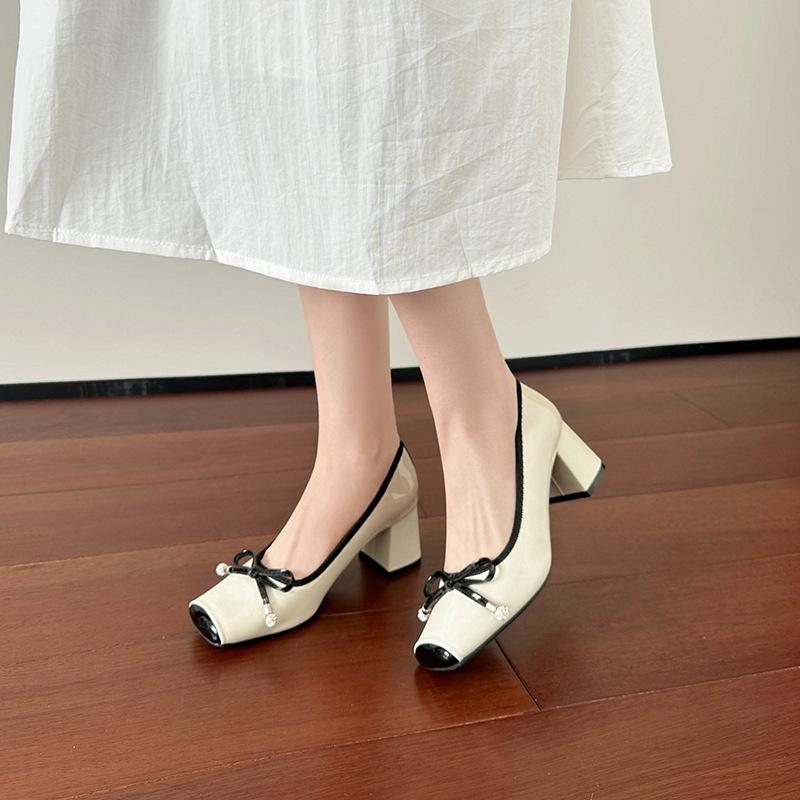 Ретро балетки с цветовой блокировкой под пятачок, женские с бантом, серебристые, для выхода в свет, с легким вырезом, на толстом каблуке, с квадратным носком, туфли Мэри Джейн