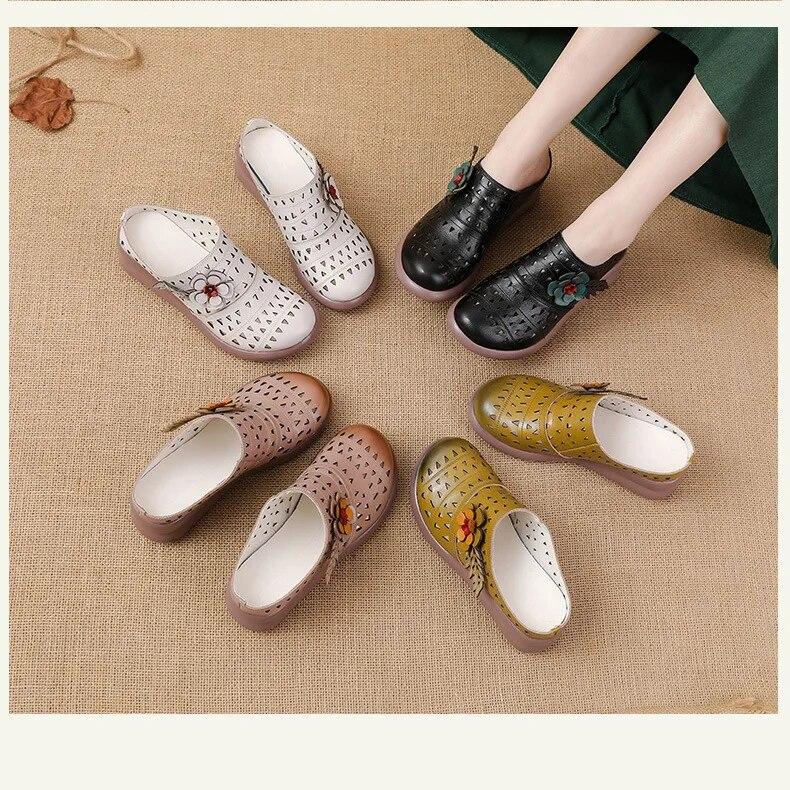 Johnature Женские тапочки из натуральной кожи с цветочным узором в этническом стиле, дышащая обувь на танкетке
