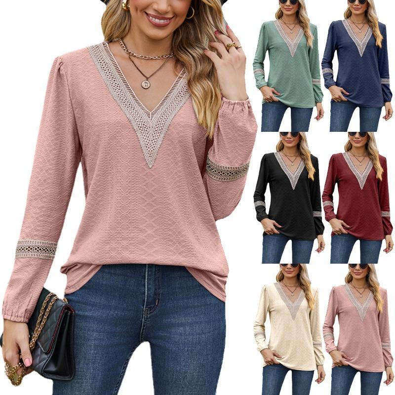 Autumn Winter Solid Color Lace Patchwork V-neck Long Sleeved Loose T-shirt Top T-Shirts (women’s)