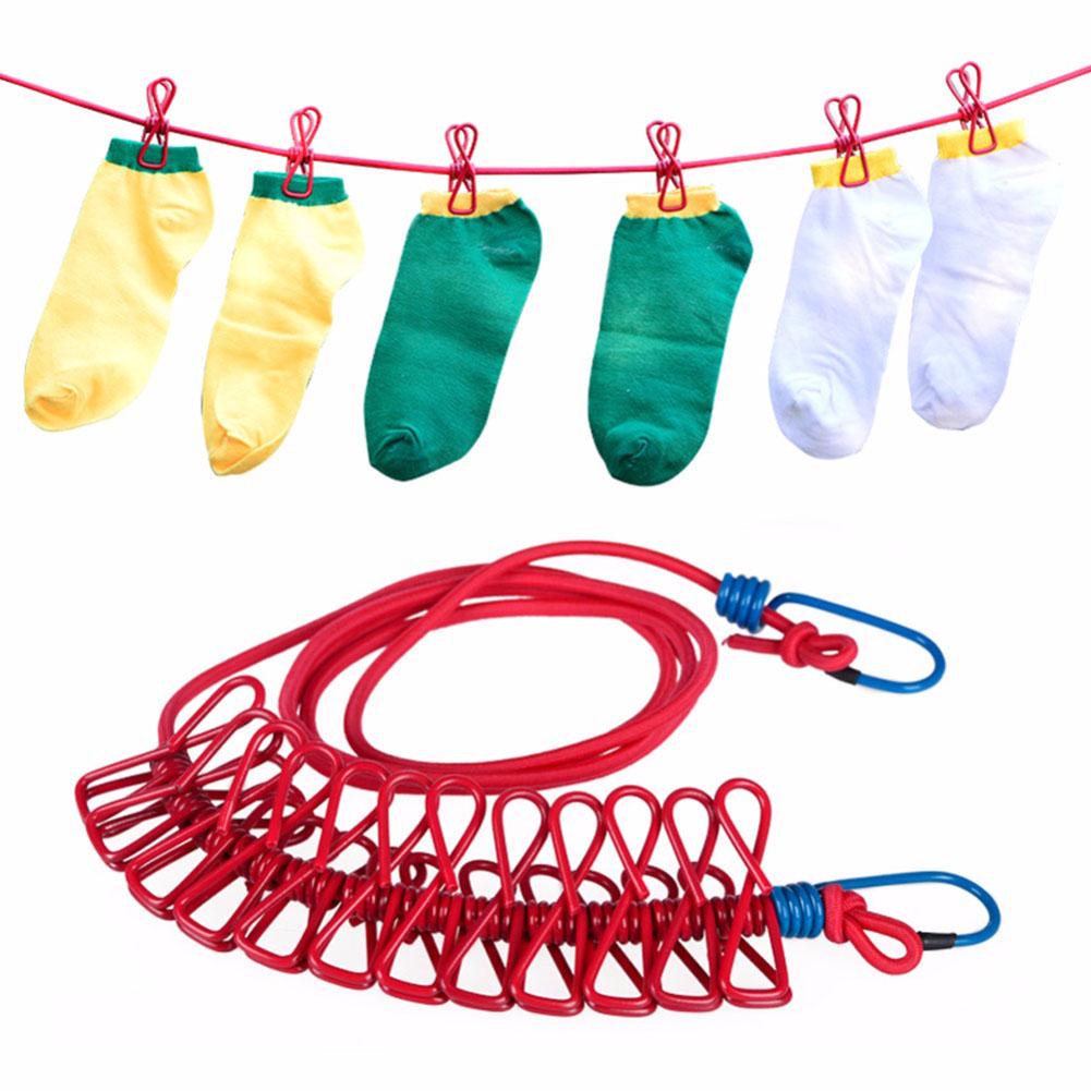Drying Portable Clothes with Clips 12 Clothes Elastic Hanger Line Windproof