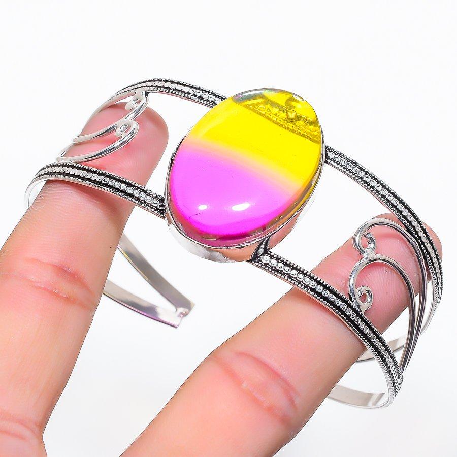 Natural Bi-Color Tourmaline Gemstone 925 Sterling Silver Cuff Bangle Adj AC-1199