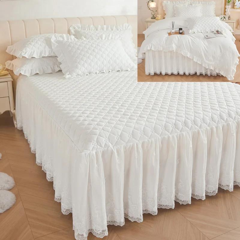 Однотонная клетчатая кружевная вышитая юбка-кровать, утолщенная стеганая пылезащитная наволочка, моющиеся нескользящие простыни, постельные принадлежности