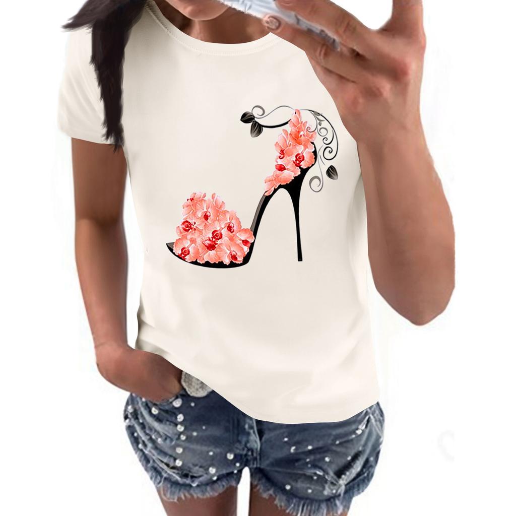 Women's Casual High Heels Floral Print Casual Short-sleeved T-shirt Pullover Round Neck Short-sleeved Top