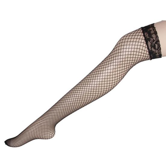Sexy Women Long Socks Fishnet Mesh Solid Color Lace Top Thigh High Stockings