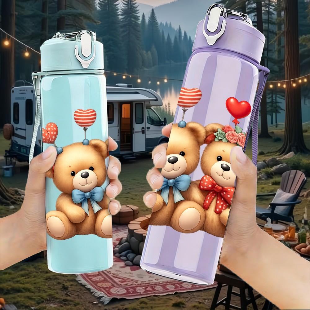 1PC Twin Love Teddy Bears 750ml Color Plastic Sports Water Bottle Leakproof Flip Straw Lid Suitable for Sports Office Home Use