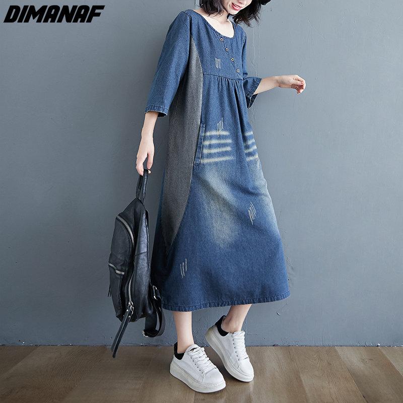 DIMANAF женское новое летнее платье 2023 года, джинсовое платье с длинным рукавом, элегантное свободное синее базовое платье с круглым вырезом