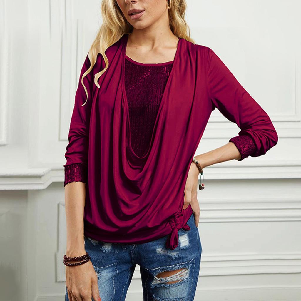Женский сплошной цвет с блестками и длинным рукавом, большой воротник с подвеской, свободный топ из двух частей с завязками