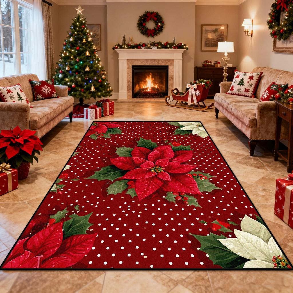Red Christmas Poinsettia Candy Soft Living Room Carpet Decoration Bedroom Fireplace Washable Rug Antiskid Short Velvet Floor Mat