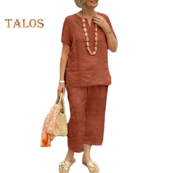 2Pcs Short Sleeve Blouse Pants Set for Women Loose Top Wide Leg Pants Sets Solid Tracksuit Outfit Summer Casual Matching Outfit for Home Office Party