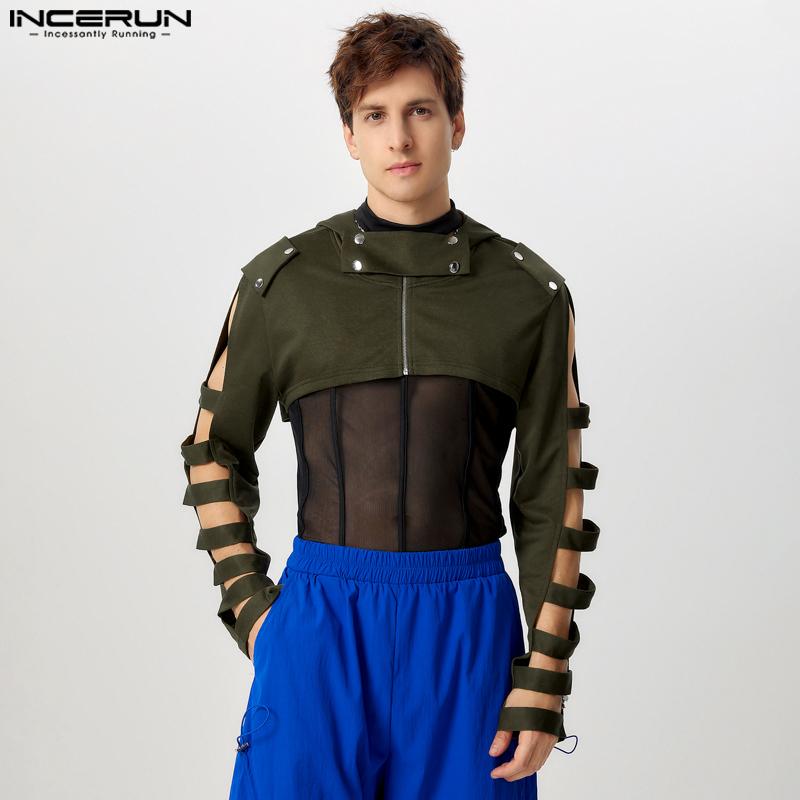 INCERUN Мужские короткие топы с длинным рукавом, однотонные укороченные толстовки с капюшоном