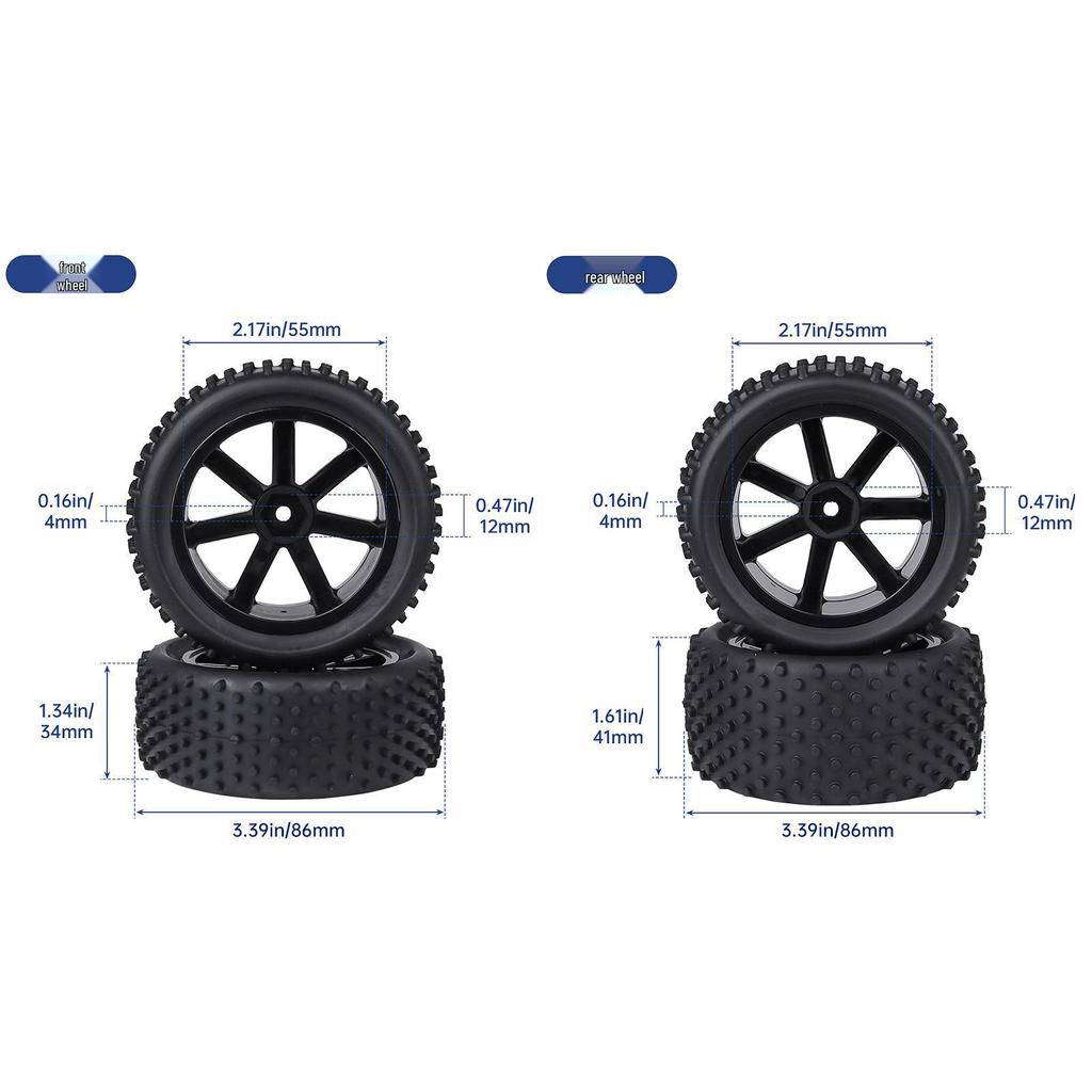Available: 86x34/41mm Glued Off-Road Model Car Tires with Nuts, Front & Rear, 1/10 Scale