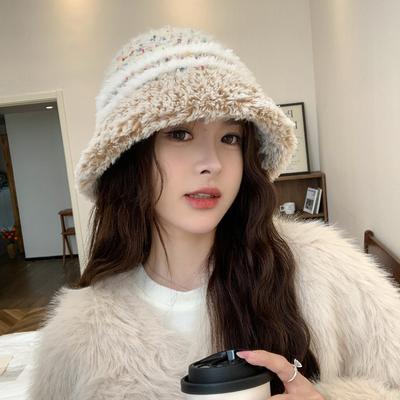 Осень и зима новая полосатая вязаная шапка смешанных цветов плюшевая панама женская теплая универсальная шляпа-ведро