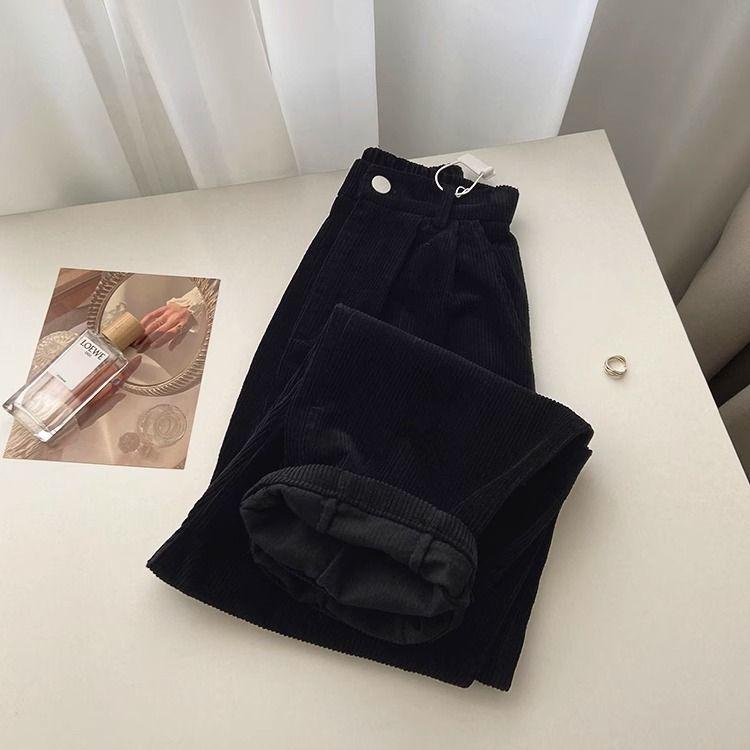 Retro High Waist Corduroy Pants Women Spring Fall Straight Casual Full Length Trousers Korean Fashion Baggy All Match Black Pant Plus Size