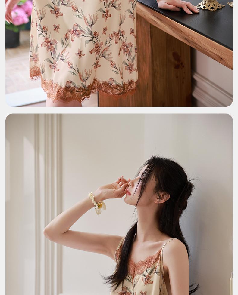 Xuan Liang Women's Summer Thin Ice Silk Strap Sexy Lace Pajama Dress