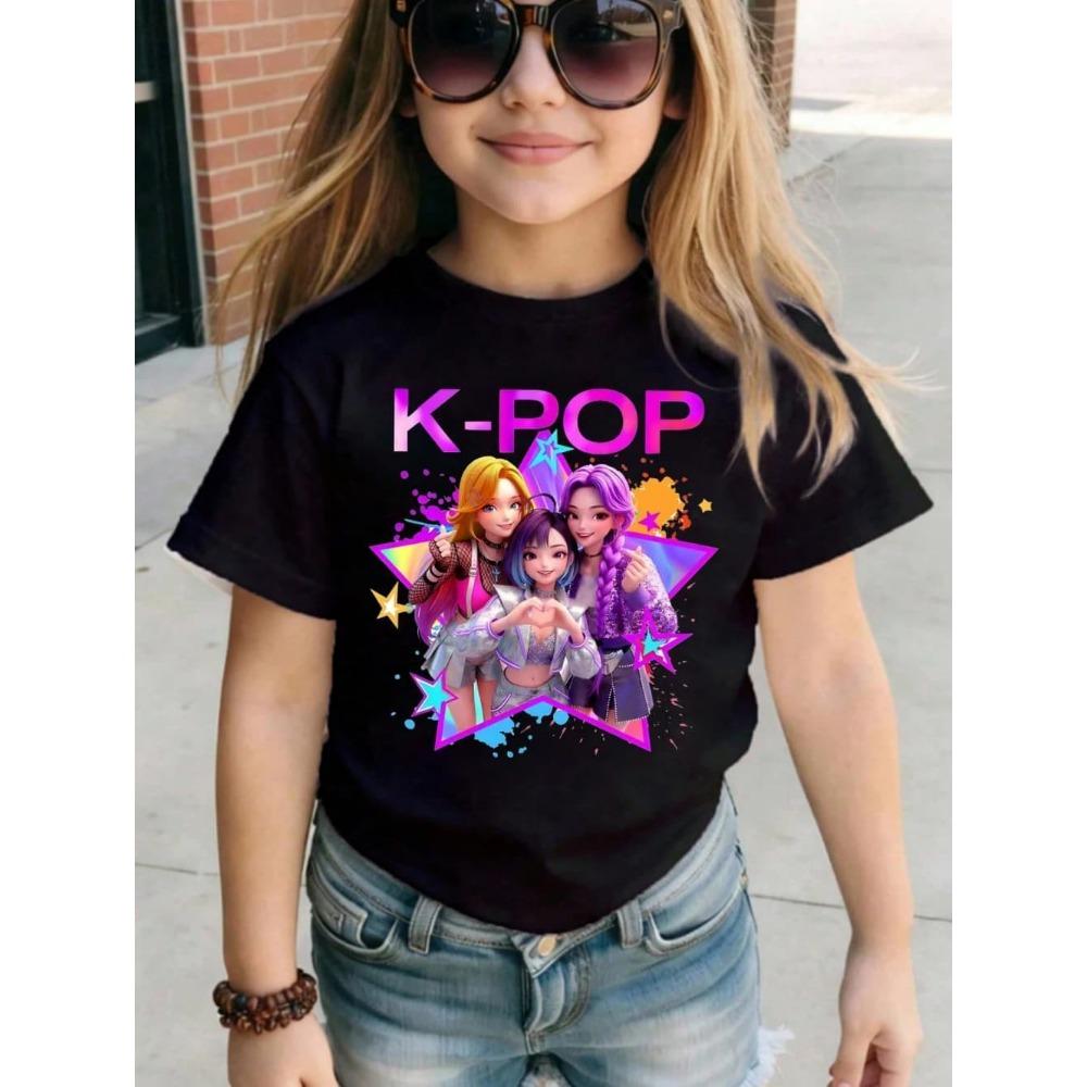 Kpop Style Short-Sleeve T-Shirts for Girls Funny Gift for Kids Summer Short Sleeve Tops Casual Round-Neck Outdoor Girls Clothes