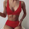 Women's Sexy V-neck Pit Striped Bikini High Waist Split Swimsuit 10 Colors