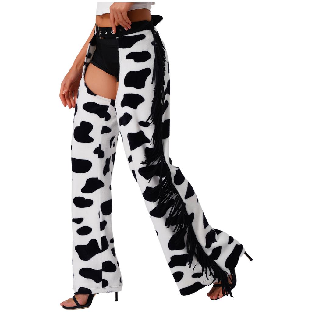 Womens Cow Spot Pattern Flannel Long Pants - with Side Tassel, Adjustable Waist, Open Crotch for Biking Riding Cowgirl Chaps Halloween Cosplay