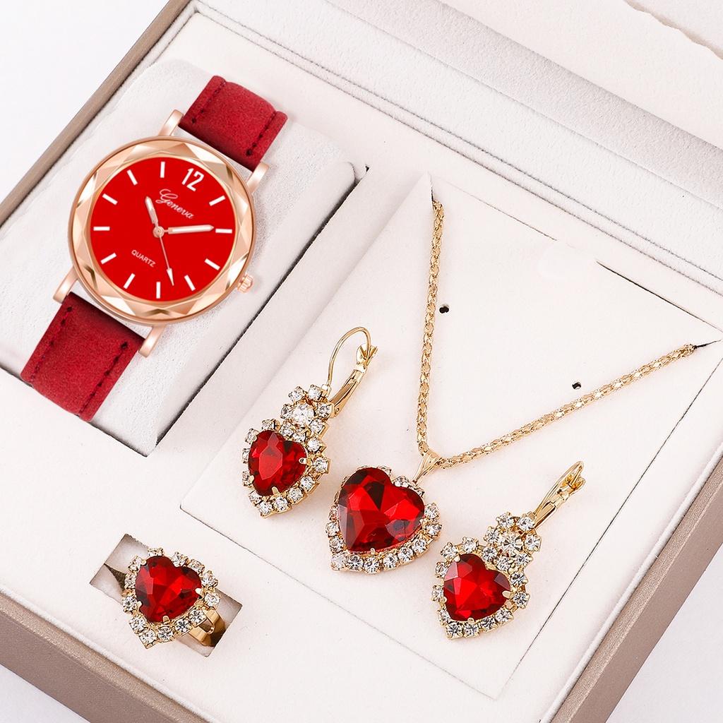 (Women's Watch + Necklace + Ring + Earrings) Women's Watch Set Luxury Leather Strap Quartz Watch