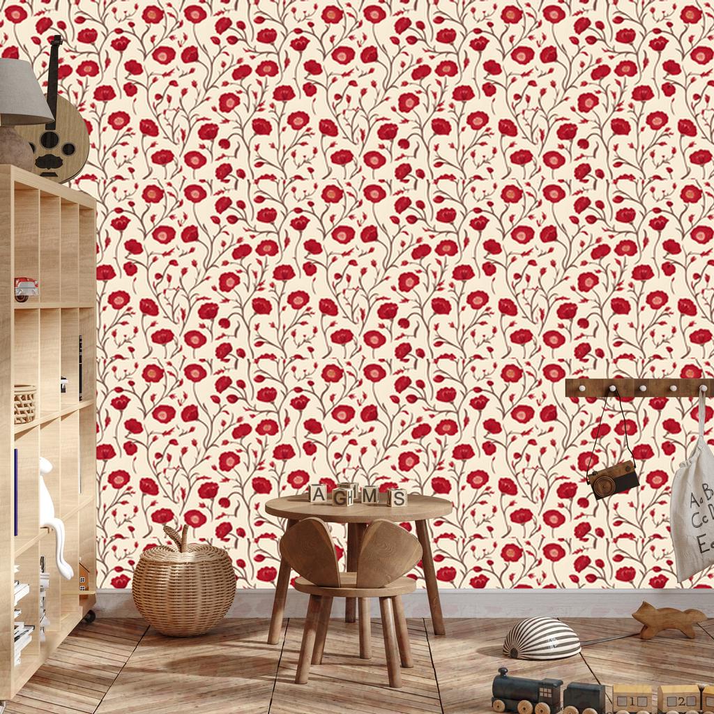 Flowers and Leaves Wallpaper Cream and Red for Living Room and Bedroom 50x1000